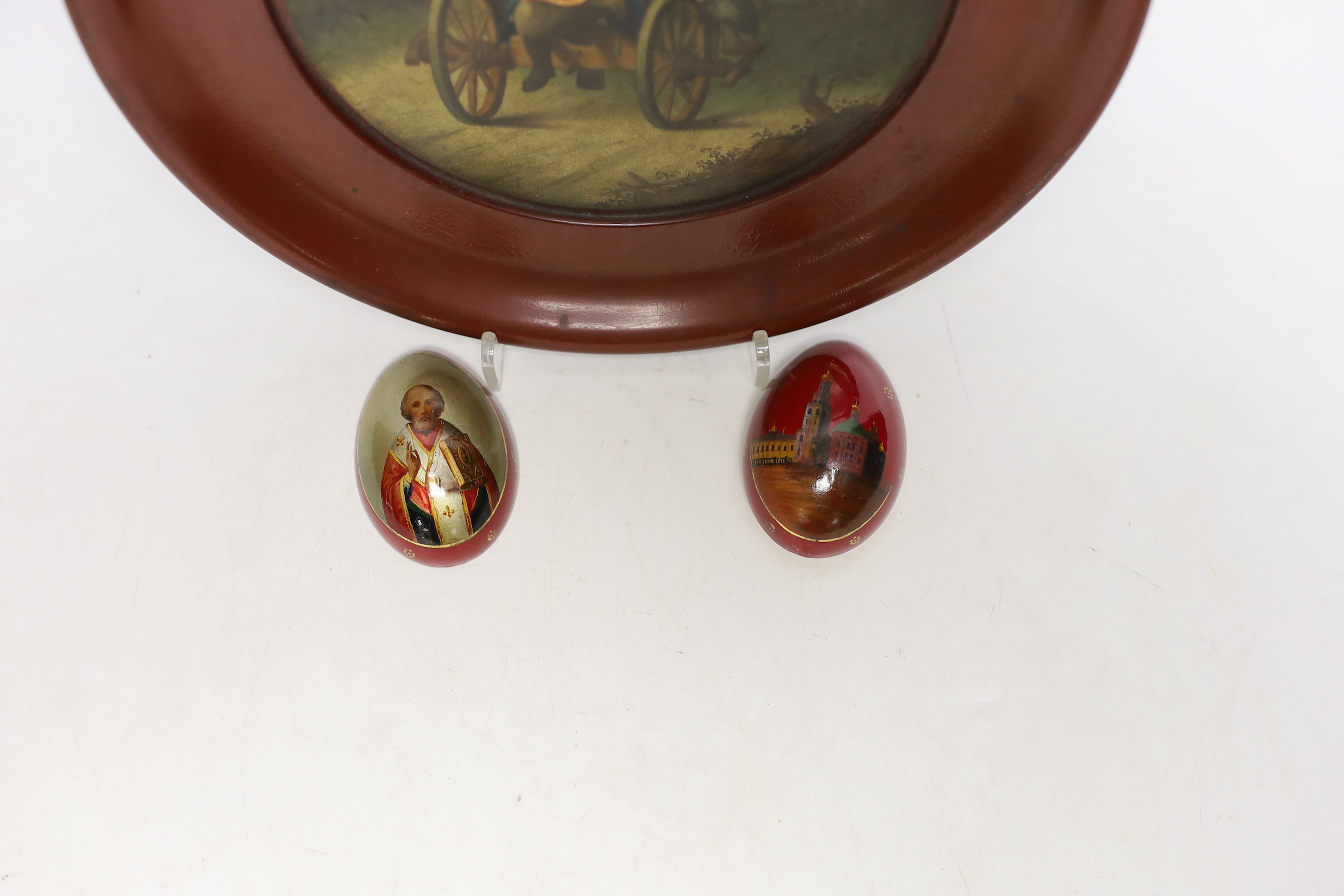 A Russian lacquer dish and a small Russian lacquer Easter egg, Lukutin, late 19th century, 21cm and 5.5cm, Please note this lot attracts an additional import tax of 5% on the hammer price
